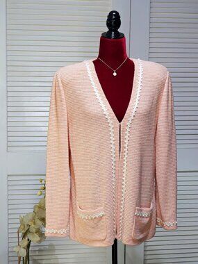 St. John Collection Women's Peach & Cream Textured Cardigan Sweater Size 14 2459